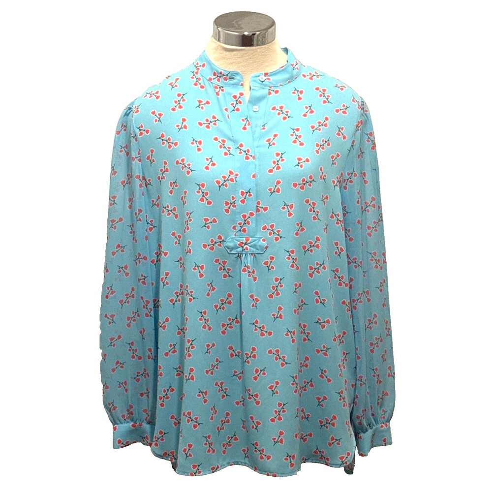 VTG ANNE KLEIN L Blue Cherry Blossom Floral Sheer Long Sleeve Top Office Travel